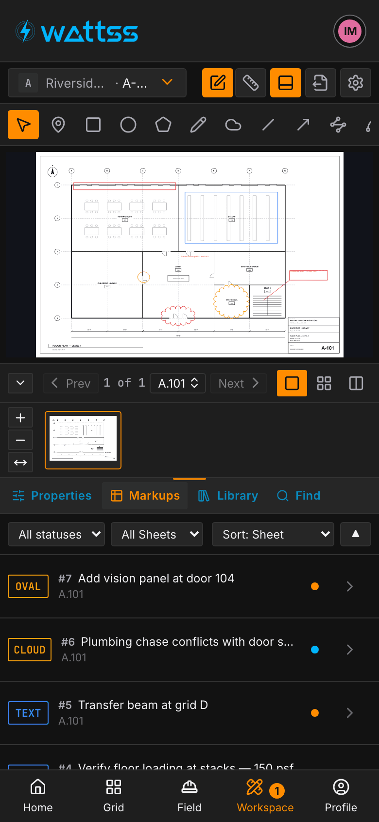 The WATTSS Workspace on a phone: sheet A-101, the Riverside Library level 1 floor plan, open with its markups — clouds, a callout, rectangles, an oval and a text note — and the Markups list below it naming each one, with its type and status.
